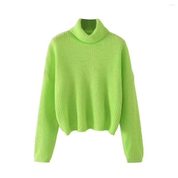 Suéteres de mujer suéter de cuello alto verde fluorescente 2023 suéter suelto ahueca hacia fuera las tapas de manga larga Crossover Y2k moda Sexy Chic