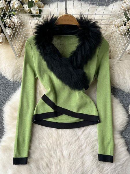 Suéteres de mujer Foamlina Sexy Faux Fur Patchwork Jersey Suéter Top Moda Otoño Cuello en V Manga larga Color Match Slim Stretch Punto