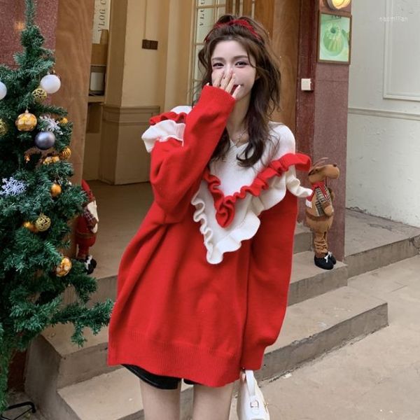 Chandails pour femmes pendant une longue période - Noël rouge à volants couleur correspondant pull à col en V femme épaississant dans des vêtements extérieurs amples