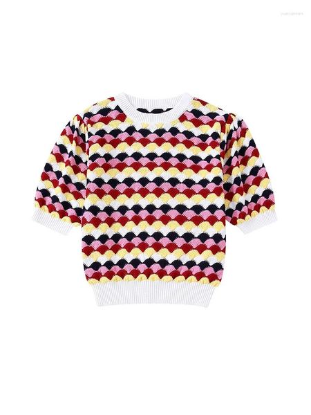 Suéteres para mujer, moda 2023, suéter tejido con estampado ondulado Vintage, cuello redondo, manga corta abombada, Top corto, Jersey