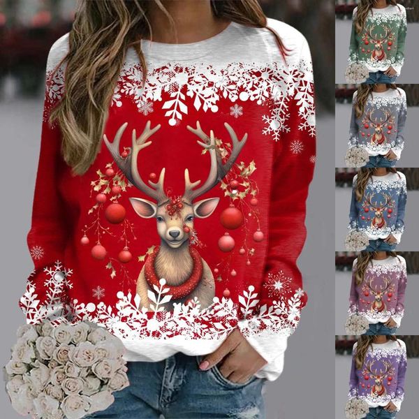 Suéteres de mujer para mujeres Navidad adolescentes niñas manga larga cuello redondo sudadera lindo reno gráfico Navidad camisas