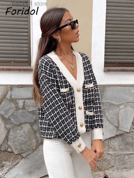 Suéteres de mujer Foridol Oversize Knit Plaid Vintage Cardigans Suéter Otoño Invierno Grueso Blanco Negro Casual Loose Cardigan Pearl Button T230817