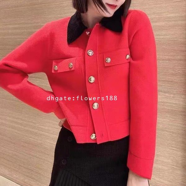 Pulls pour femmes French Elegance S2024 Noël Rouge Contraste Revers à manches longues Cardigan Top Femmes