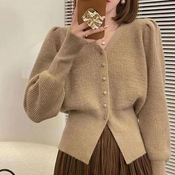 Chandails pour femmes Style français col en V tricoté Cardigan manteau automne et hiver manches bouffantes taille coupe pull décontracté