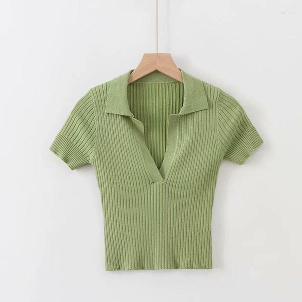 Pulls pour femmes filles vert pull à manches courtes femmes été Sexy col en v haut en tricot pull mignon rayé tricot tricoté dames recadrée