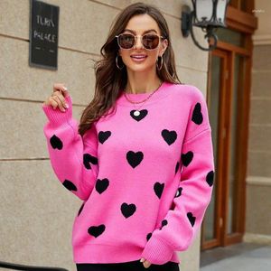 Pulls pour femmes filles style doux et mignon motif d'amour pull en vrac mode col rond pull jacquard à manches longues tricot