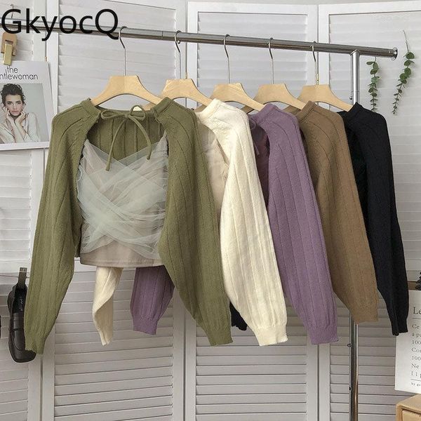 Suéteres femininos GkyocQ Suéter vintage com cadarço para meninas Camis manga longa Cardigãs coreanos lisos de duas peças 2023 Blusas femininas