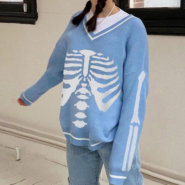 Suéteres de mujer, suéter azul gótico con cuello en V, suéter suelto de manga larga para uso diario, jersey con estampado de calavera para mujer, ropa Vintage Y2k a la moda