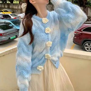 Chandails pour femmes dégradé couleur doux cardigan femmes nouveauté à manches longues tricoté tricots femme fleur boutons jusqu'à pull mignon sueter