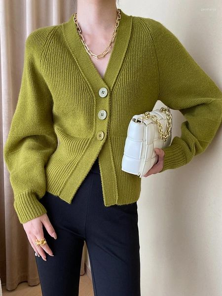 Suéteres de mujer verde tamaño grande elegante cárdigan tejido suéter con cuello en V manga larga linterna mujer moda Primavera otoño O597