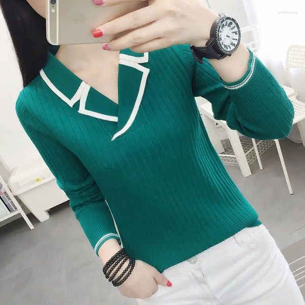 Suéteres de mujer Cuello de solapa verde Corea Primavera Jersey Suéter de punto Abrigo suelto Casual Paño Chica Camiseta Tops Ropa para mujer Dama