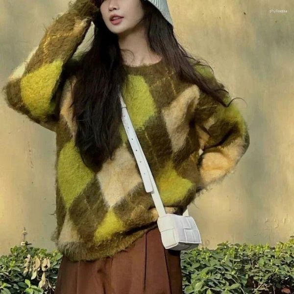 Pulls pour femmes vert rétro Plaid moelleux pull décontracté chez l'habitant en vrac chaud tricot pull mode à manches longues hiver