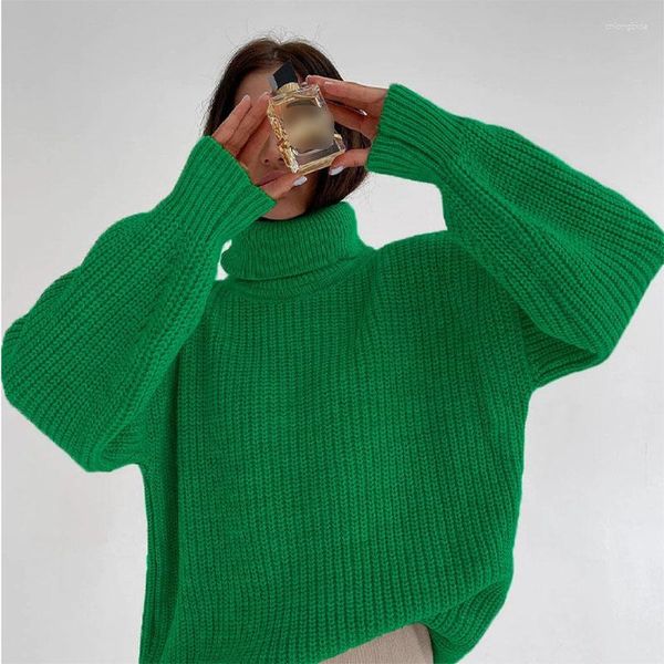 Pulls pour femmes Vert Col Roulé Femmes Tricot Surdimensionné Hiver Mode À Manches Longues Solide Designer Pull