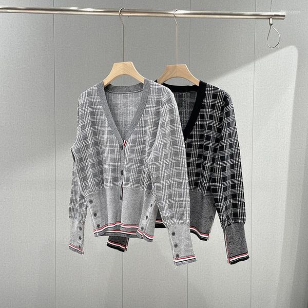 Pulls pour femmes Gris / Noir Couleur Plaid Tricot Mode Femmes Cardigan Pull Manches Longues Col En V Slim Fit Lady Pulls Élégants Vêtements