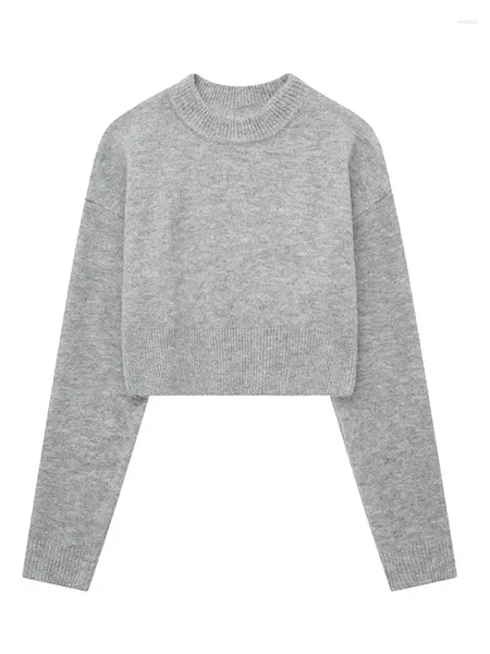 Pulls pour femmes Gris Tricot O-Cou Côtelé Femmes Crop Top Pull À Manches Longues Lâche Bas Basique Pull Femme 2023 Automne Chic Casual