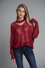 Pulls pour femmes H80S90 Femmes Sexy Voir à Travers Évider Mince Pull Pull Long Slleve Lâche Tricot Sewaters Mode Doux Pull Tops