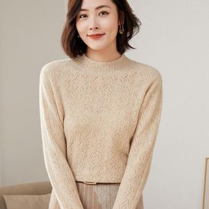 Chandails mi-hauteur en laine Pure pour femmes, pull ajouré de couleur unie, chemise à bascule tricotée fine, printemps et automne