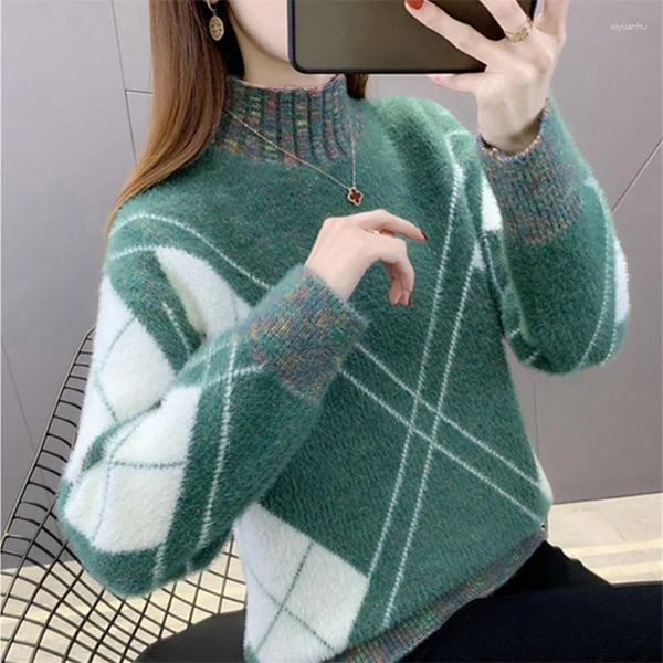 Suéteres para mujer Medio cuello alto Mink Fleece Patchwork Suéter Mujeres Coreano 5 Color Jumper Señoras Otoño Invierno Grueso Cálido Jersey corto