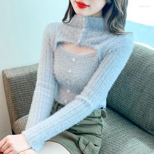 Suéteres de mujer Suéter de cuello medio alto Mujeres Slim Sexy Hollow Jumper Tops Crop Pink Fur Button Knit Sueter Shirt