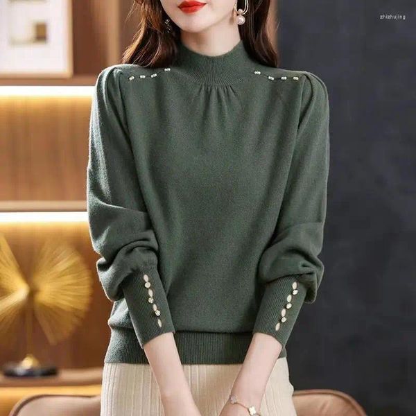 Suéteres para mujer Medio cuello alto Moda para mujer 2023 Otoño Invierno Manga larga Jerseys de punto sólidos Vintage Pearl Decor Jumpers