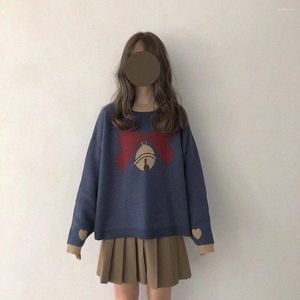 Pulls pour femmes Harajuku Lâche Mignon Pull Vintage Tricoté O-Cou Kawaii Jingle Bell Noël Femme Pulls Femmes Slim Bleu Jumper