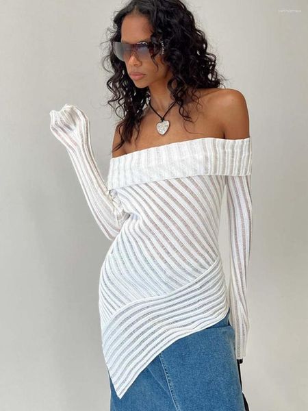 Pulls pour femmes HEZIOWYUN Pull sans bretelles à épaules dénudées pour femmes Hauts en tricot Stripe Jacquard Sheer Manches longues Ourlet irrégulier Esthétique