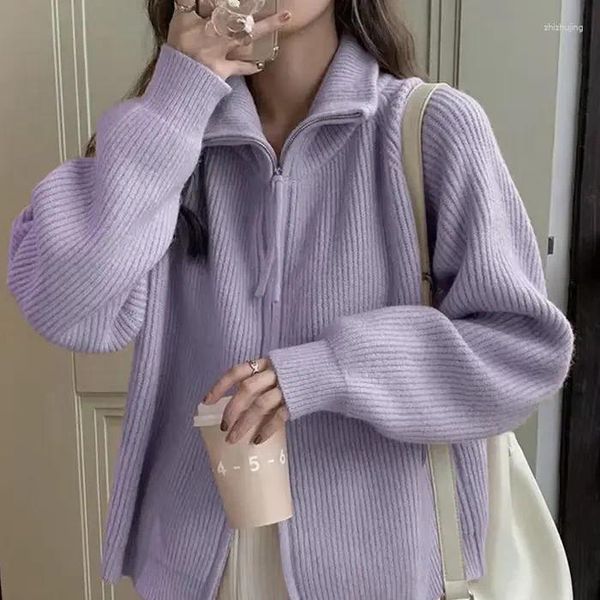 Pulls pour femmes de haute qualité violet tricoté cardigan manteau automne et hiver 2023 pull à fermeture éclair à revers rembourré pour les femmes