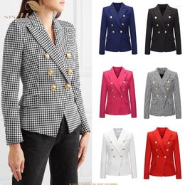 Vrouwen Truien Hoge Kwaliteit 2023 Designer Blazer Double Breasted Pocket Leeuw Knoppen Slanke Geruite Jas Dames SR1160