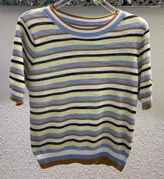 Pulls pour femmes de haute qualité tricoté 2023 automne pulls dames motifs rayés tricot demi manches pulls décontractés hauts tenues