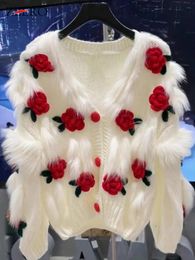 Pulls pour femmes Haute qualité en peluche tricoté pull cardigan fausse fourrure manteau femme automne hiver femmes vêtements doux rose fleurs veste 230831