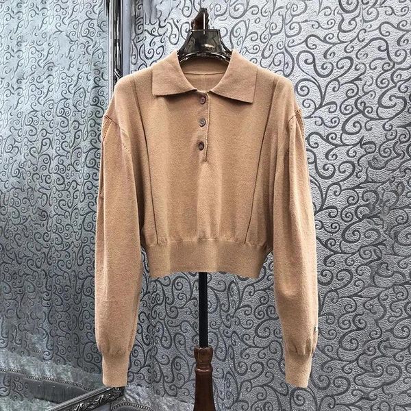 Suéteres de mujer de alta calidad de lana de cachemira de punto 2023 Otoño Invierno Prendas de punto Mujeres Turn-Down Collar Botón Frente Casual Khaki Top