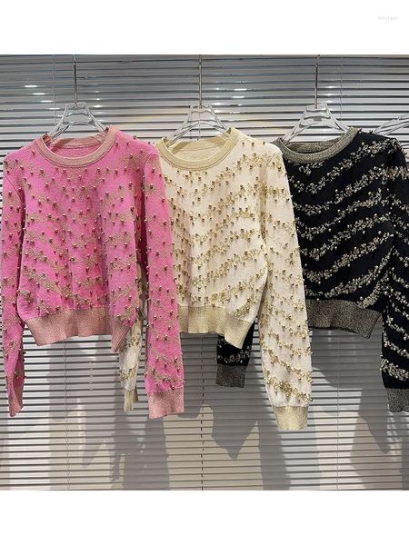 Suéteres para mujer High Street Est 2023 Diseñador Moda Mujer Oro Perla Rebordear Seda brillante Jersey de punto Suéter