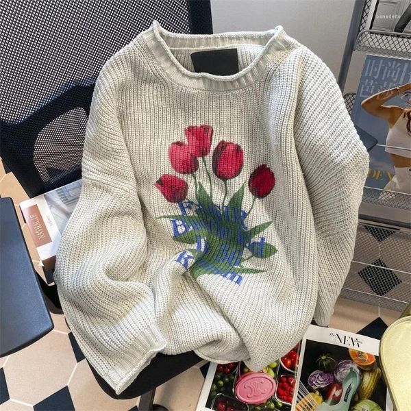 Pulls pour femmes Hikigawa Automne Hiver Style Vintage Tulipes Pull imprimé Femmes Tempérament élégant Lâche O Cou Pull tricoté