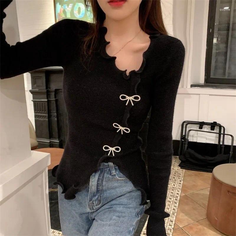 Women's Sweaters Hikigawa Casual V Neck Bow Patchwork Women Chic Fashion Slim Long Sleeve Irregular Knitted Pullovers All Match Jumpers
