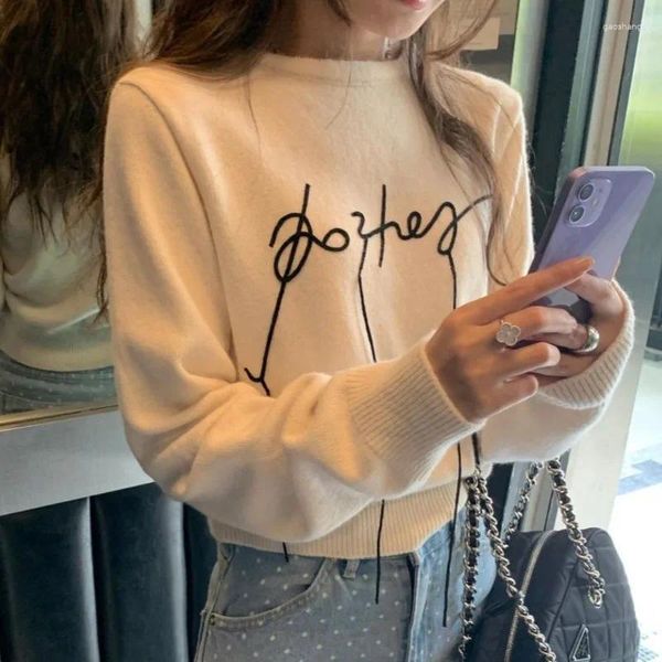 Suéteres de Mujer Hikigawa coreanos sueltos informales con letras de cuerda para Mujer moda elegante cuello redondo jerseys de punto de manga larga Tops para Mujer