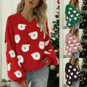 Damessweaters met capuchon en capuchon voor dames Gebreide kersttrui Schattig kerstmanhoofdpatroon Pullover met ronde hals Opgeklede sweatshirts