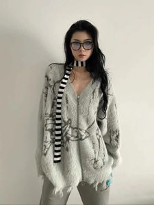 Pulls pour femmes Houzhou Y2K Grunge Gris Graphique Pull Cardigan Femmes Vintage 90s Esthétique Zipper Jerseys Streetwear Distressed Tops tricotés 231108