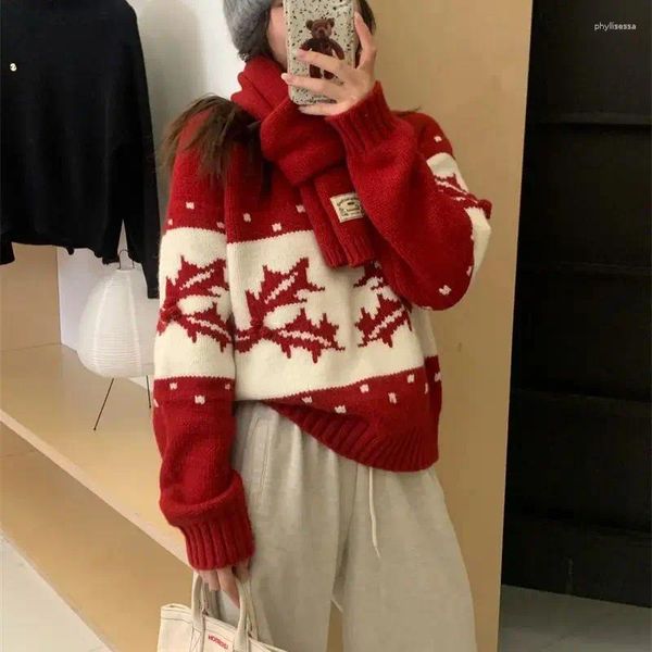 Pulls pour femmes HSA hiver coréen Noël épais tricoté rétro lâche laine à la main pull jacquard