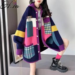 Chandails pour femmes HSA Femmes Long Pull Cardigans Coloré Patchwork Manteau Hiver Coréen Tricoté Surdimensionné Chaud Épais Cardigan 231101