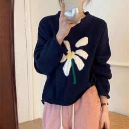 Suéteres para mujer HSA Mujeres Suéter Punto Azul Floral Tops Flojo Manga larga O-Cuello Jerseys Coreano Chic Ropa Otoño Invierno 2023 Jumpers