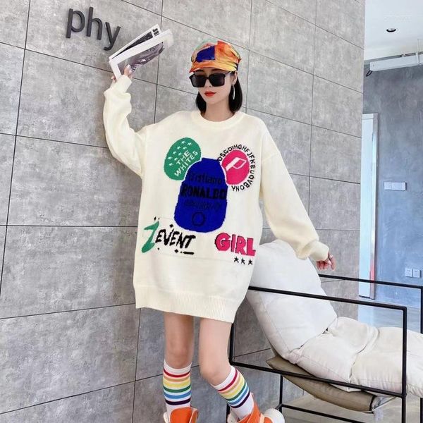 Pulls pour femmes HSA Femmes Pull d'hiver et pulls à manches longues surdimensionnées Y2K Tops Cartoon Bear Broderie Coloré Chaud Knit Jumpers