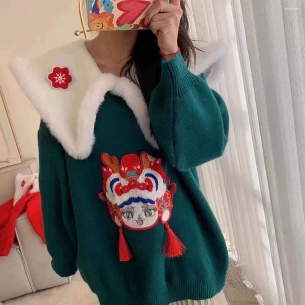 Chandails pour femmes HSA Année Vêtements Femmes Hiver Style chinois Chic Knit Jumpers Grand Col Gland À Manches Longues Surdimensionné Dessin Animé Top Tricoté