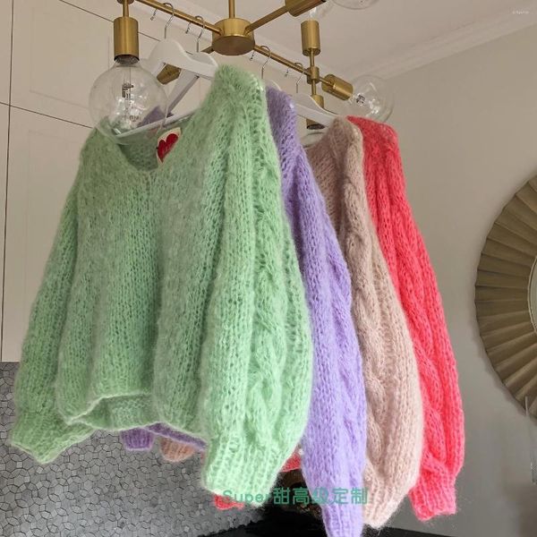 Chandails pour femmes Ins Little Fresh, col en v, pâte frite, manches torsadées, pull ample, Style paresseux, bulle Mohair, chemisier pour femmes