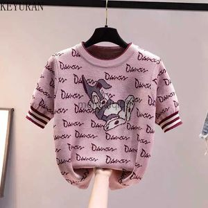 Chandails pour femmes Ins rose dessin animé lettre à manches courtes tricoté hauts femmes 2023 mode d'été décontracté col rond mince glace soie T-shirt femme HKD230831