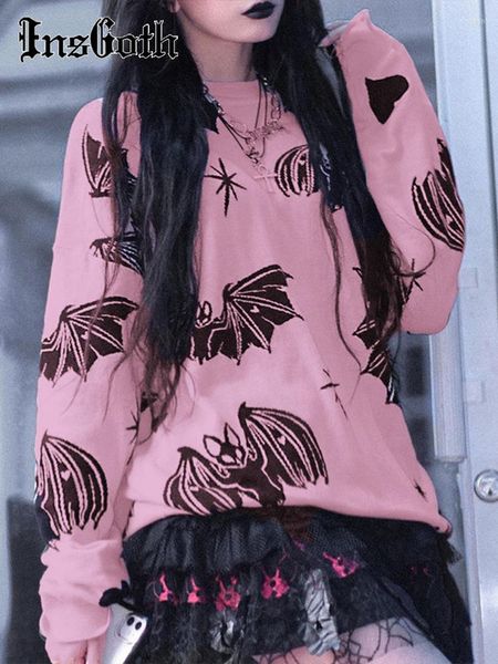 Suéteres de mujer InsGoth Gothic Y2K Fairy Grunge Mall Bat Graphics Moda Invierno Estética Rosa Negro Pullover Harajuku Top de manga larga