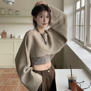 Pulls pour femmes Pull tricoté irrégulier Femmes Y2K Harajuku Mode coréenne Oversize Deux pièces Ensemble Jumper Casual Pull Kaki