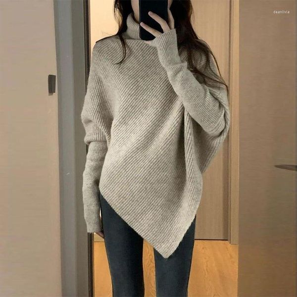 Suéteres de mujer alto Irregular cuello Color sólido suéter Otoño/Invierno 2023 versión coreana suelto holgado tejido glutinoso suave