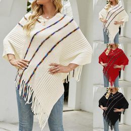 Pulls pour femmes pull irrégulier Ponchos femmes automne hiver O cou pull tricoté châles avec rayures côtés frangés Cape manteau Femme