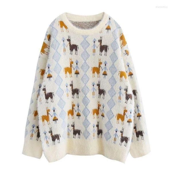 Suéteres de mujer Jacquard Chirstmas Vintage Jerseys de felpa Patrón de perro Cuello redondo Tops de punto Ropa de invierno gruesa Mujer Moda coreana