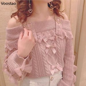 Pulls pour femmes Japonais mignon style lolita pull tricoté automne femmes doux coeurs boucle épaule dentelle arc pull filles vintage hauts 230831